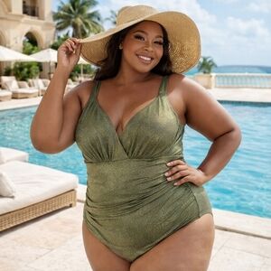 🌿 Lane Bryant Metallic Olive One-Piece Swimsuit | NWT | Size 32 (Plus) |